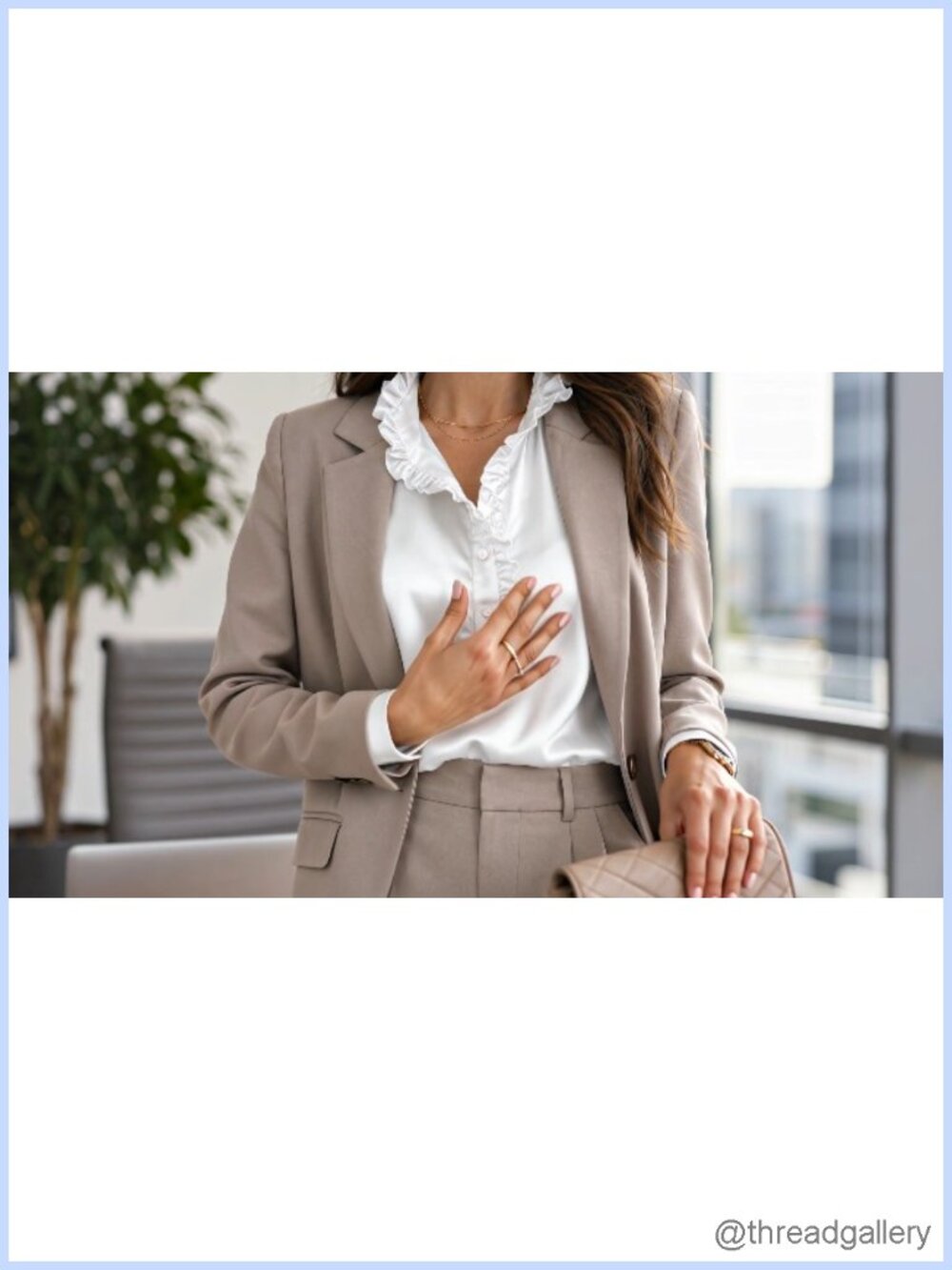 Satin V Neck Ruffled Button Down Blouse - Picture 6 of 6